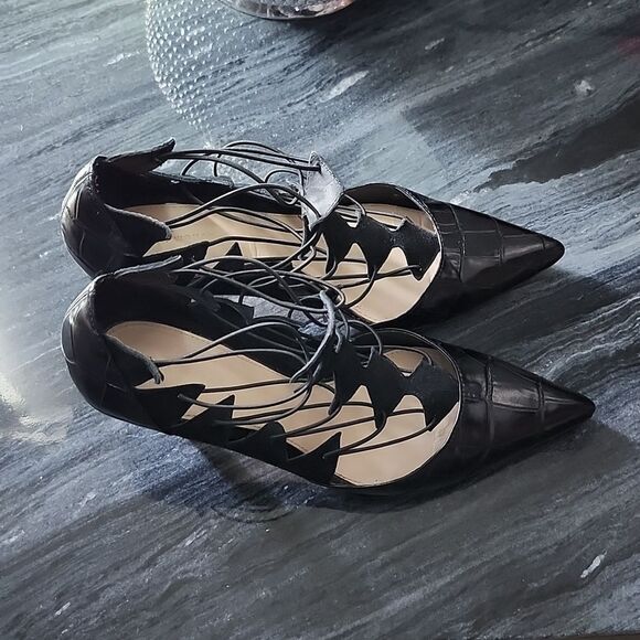 ZARA STRAPPY LEATHER POINTED TOE KITTEN HEEL SANDAL - Picture 5 of 14